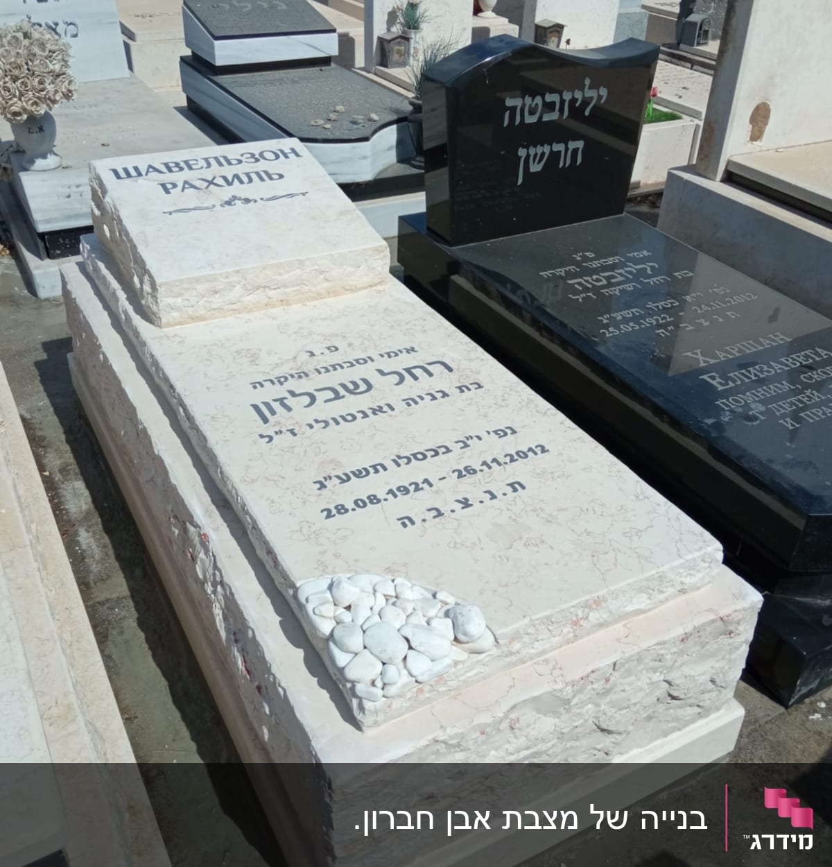 מצבות עם כיתוב בעברית ואבנים לבנות על אחת מהן